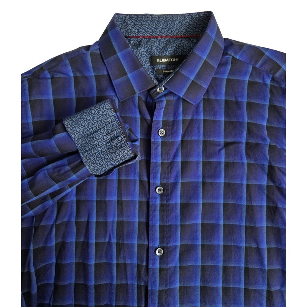 Bugatchi Men's Large‎ Blue Check Shaped Fit Flip Cuff Long Sleeve Button Up